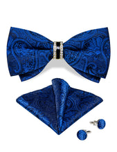 Blue Floral Diamond Plastic Ring Men's Pre-Bowtie Pocket Square Cufflinks Set
