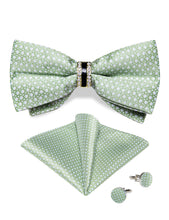Green Polka Dot Diamond Plastic Ring Men's Pre-Bowtie Pocket Square Cufflinks Set