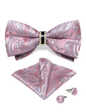 Pink Floral Diamond Plastic Ring Men's Pre-Bowtie Pocket Square Cufflinks Set