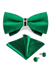 Green Solid Diamond Plastic Ring Men's Pre-Bowtie Pocket Square Cufflinks Set