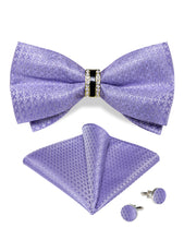 Purple Solid Diamond Plastic Ring Men's Pre-Bowtie Pocket Square Cufflinks Set