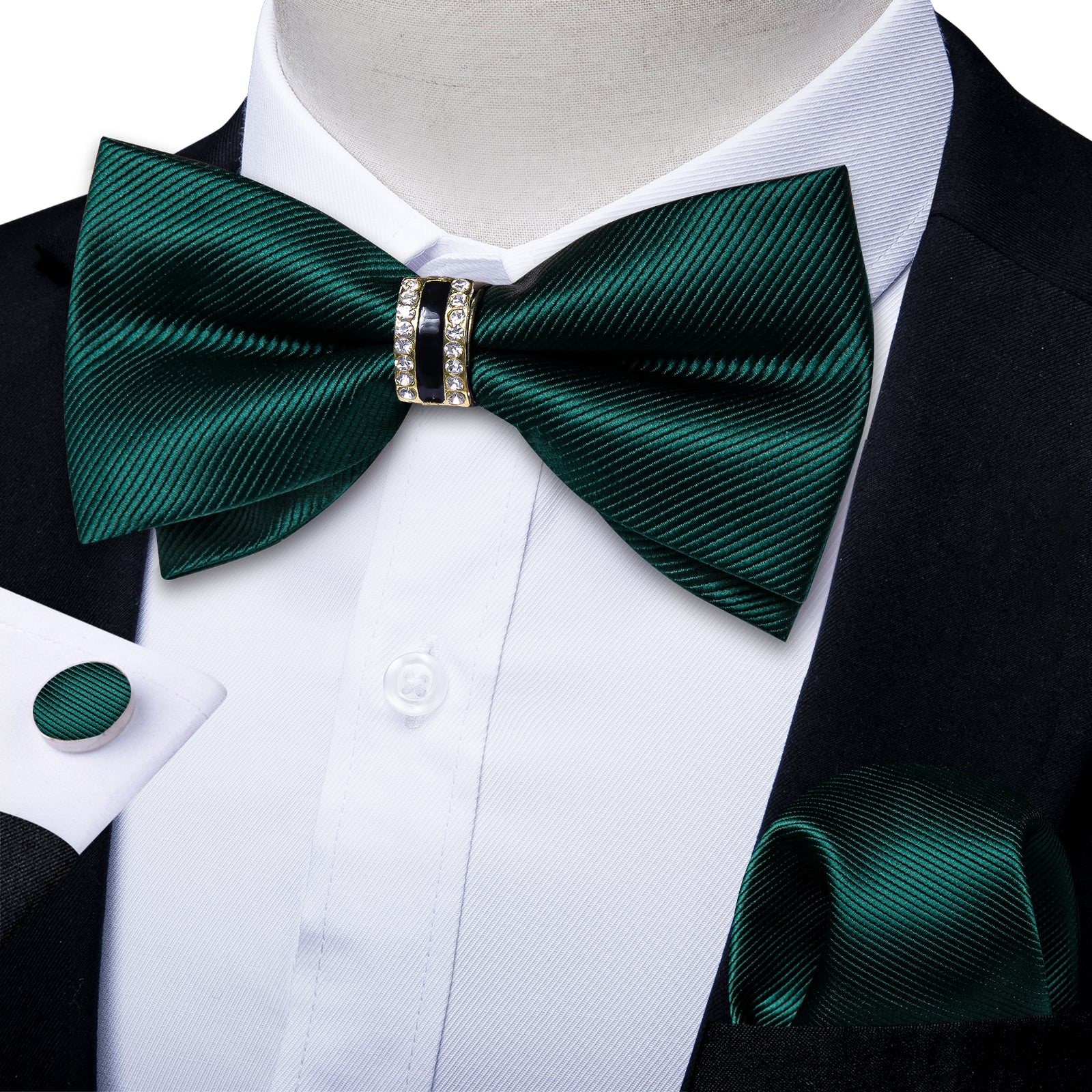 Black Solid Diamond Plastic Ring Men's Pre-Bowtie Pocket Square Cufflinks Set