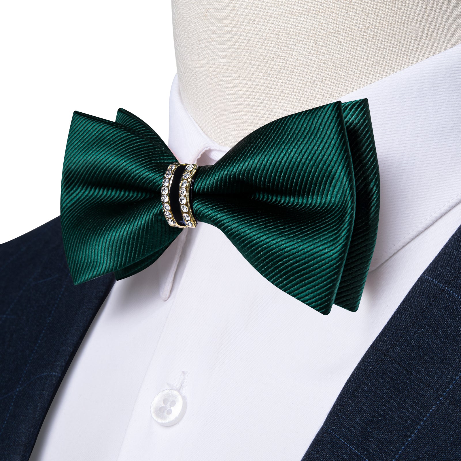 Black Solid Diamond Plastic Ring Men's Pre-Bowtie Pocket Square Cufflinks Set