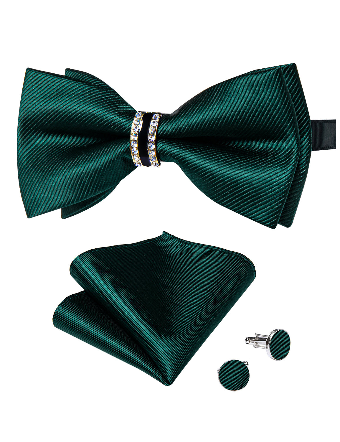 Black Solid Diamond Plastic Ring Men's Pre-Bowtie Pocket Square Cufflinks Set