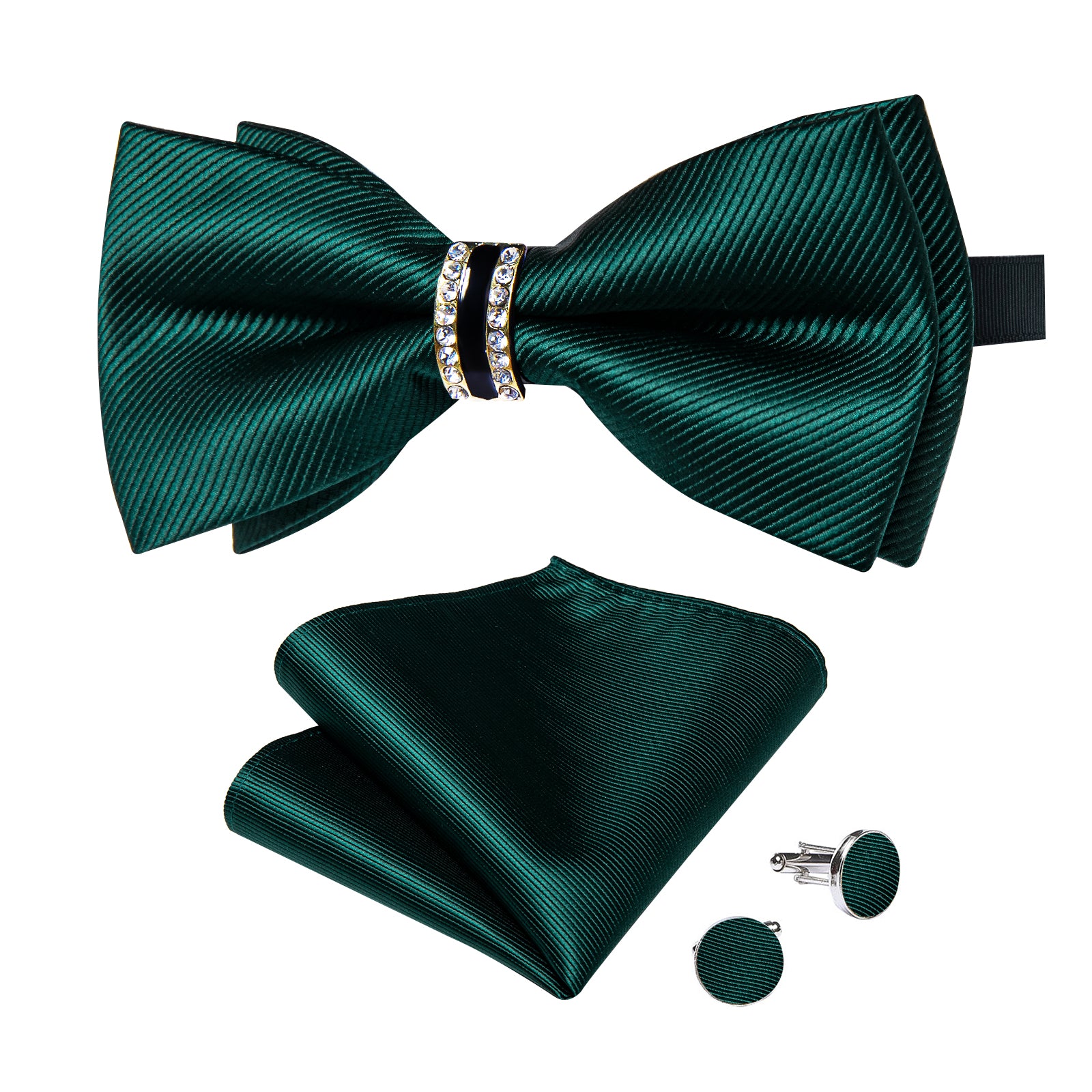 Black Solid Diamond Plastic Ring Men's Pre-Bowtie Pocket Square Cufflinks Set