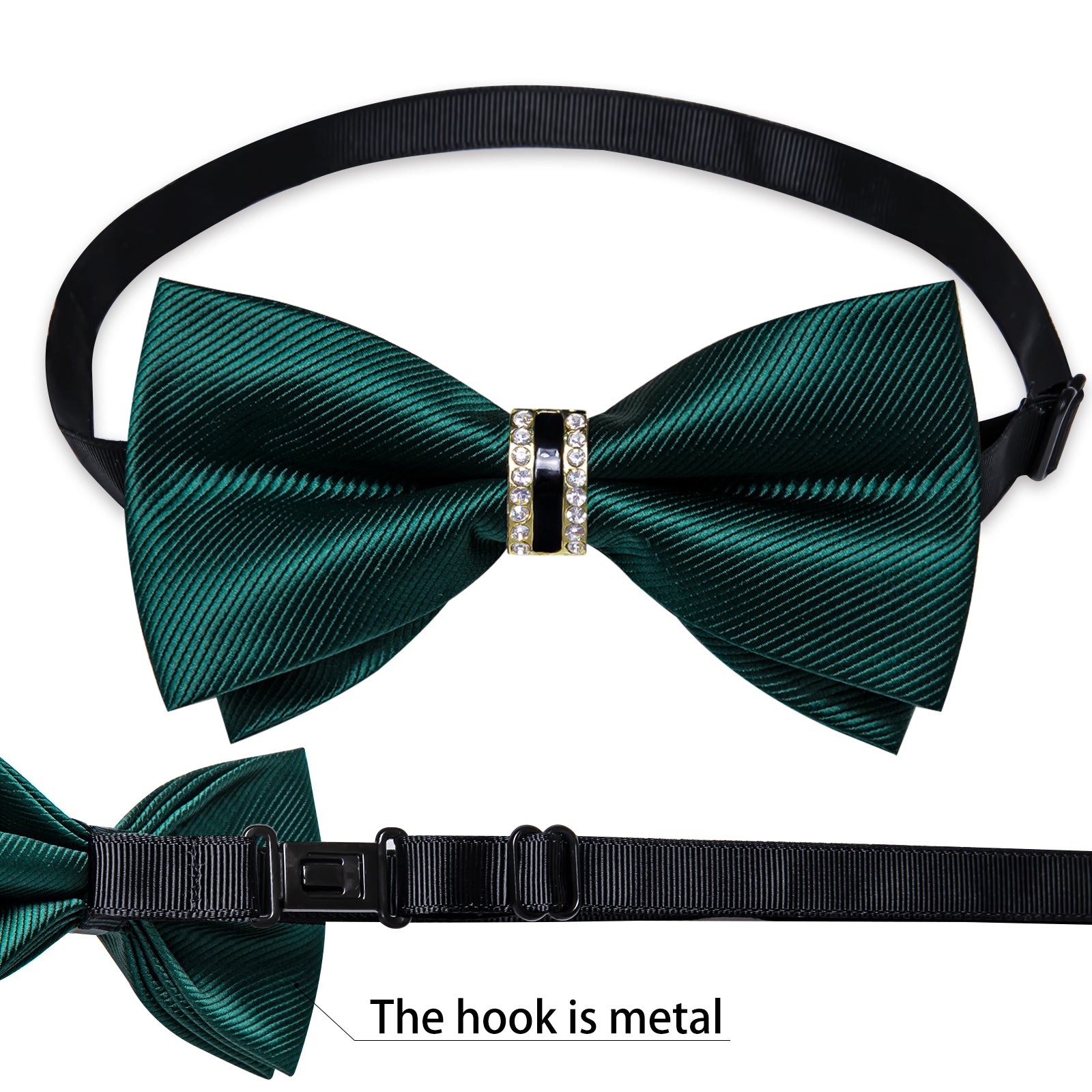 Black Solid Diamond Plastic Ring Men's Pre-Bowtie Pocket Square Cufflinks Set