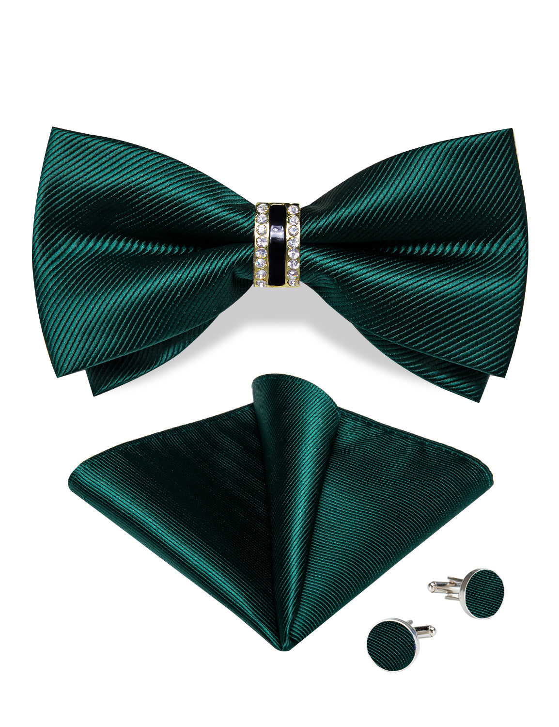 Black Solid Diamond Plastic Ring Men's Pre-Bowtie Pocket Square Cufflinks Set