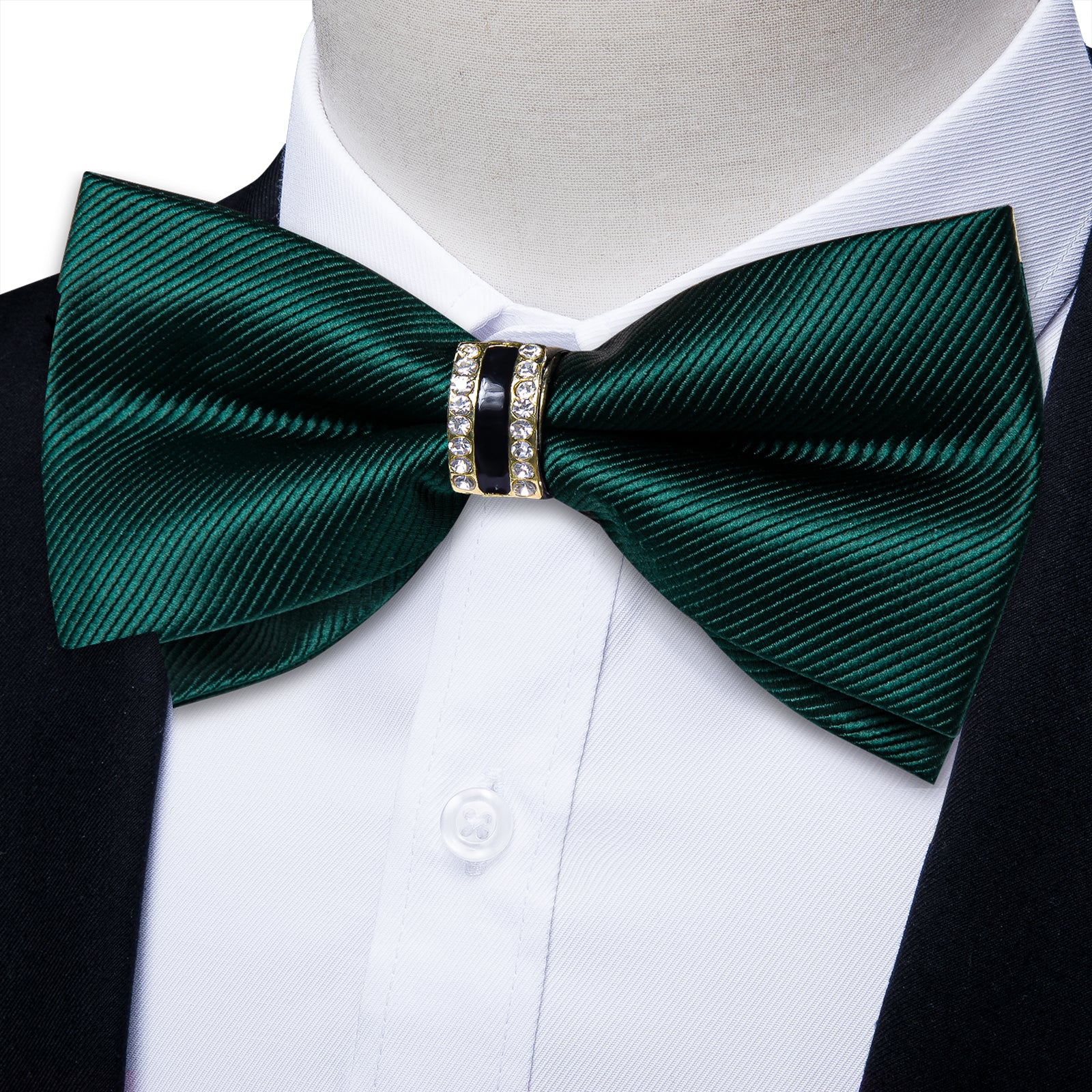 Black Solid Diamond Plastic Ring Men's Pre-Bowtie Pocket Square Cufflinks Set