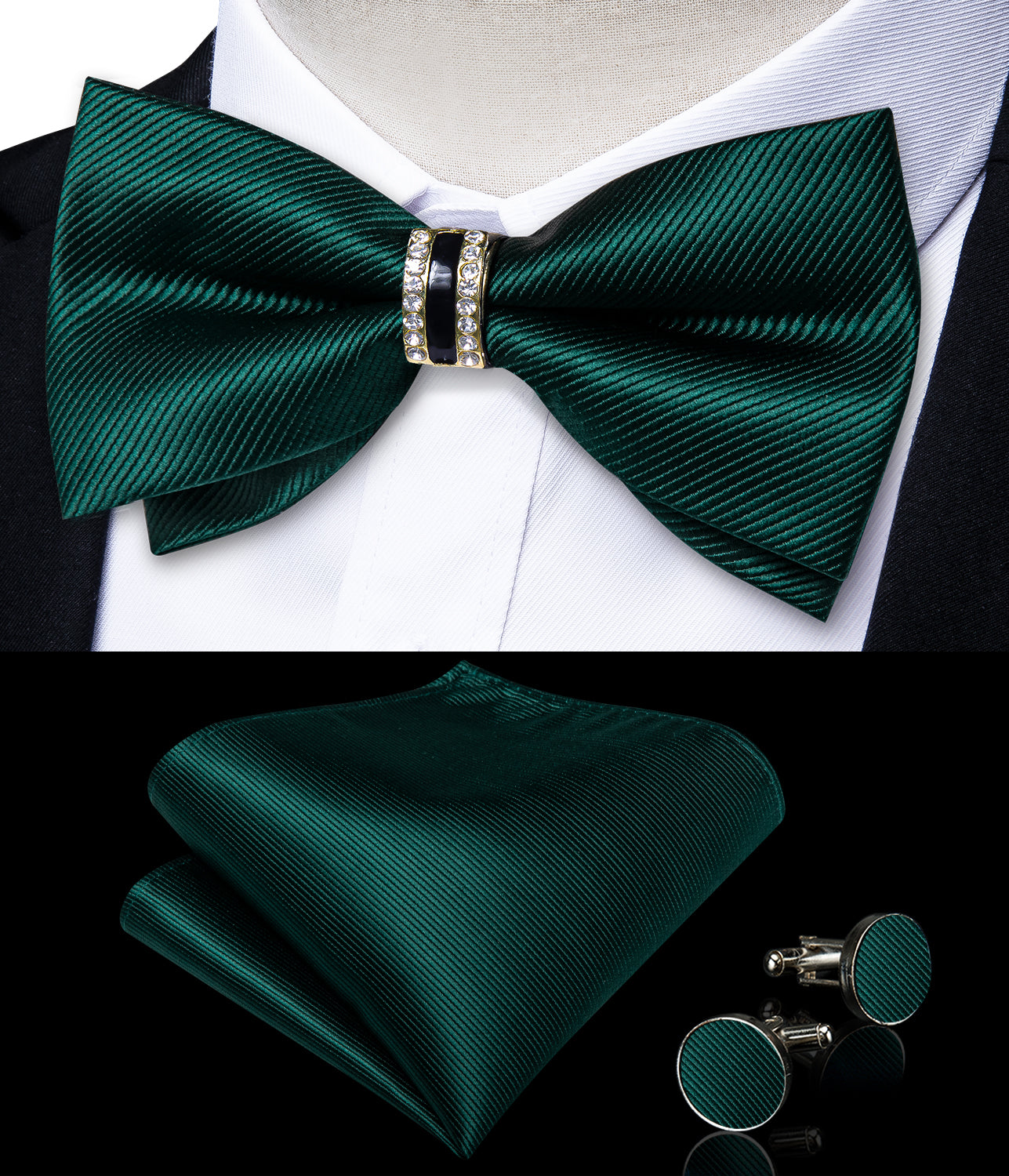Black Solid Diamond Plastic Ring Men's Pre-Bowtie Pocket Square Cufflinks Set