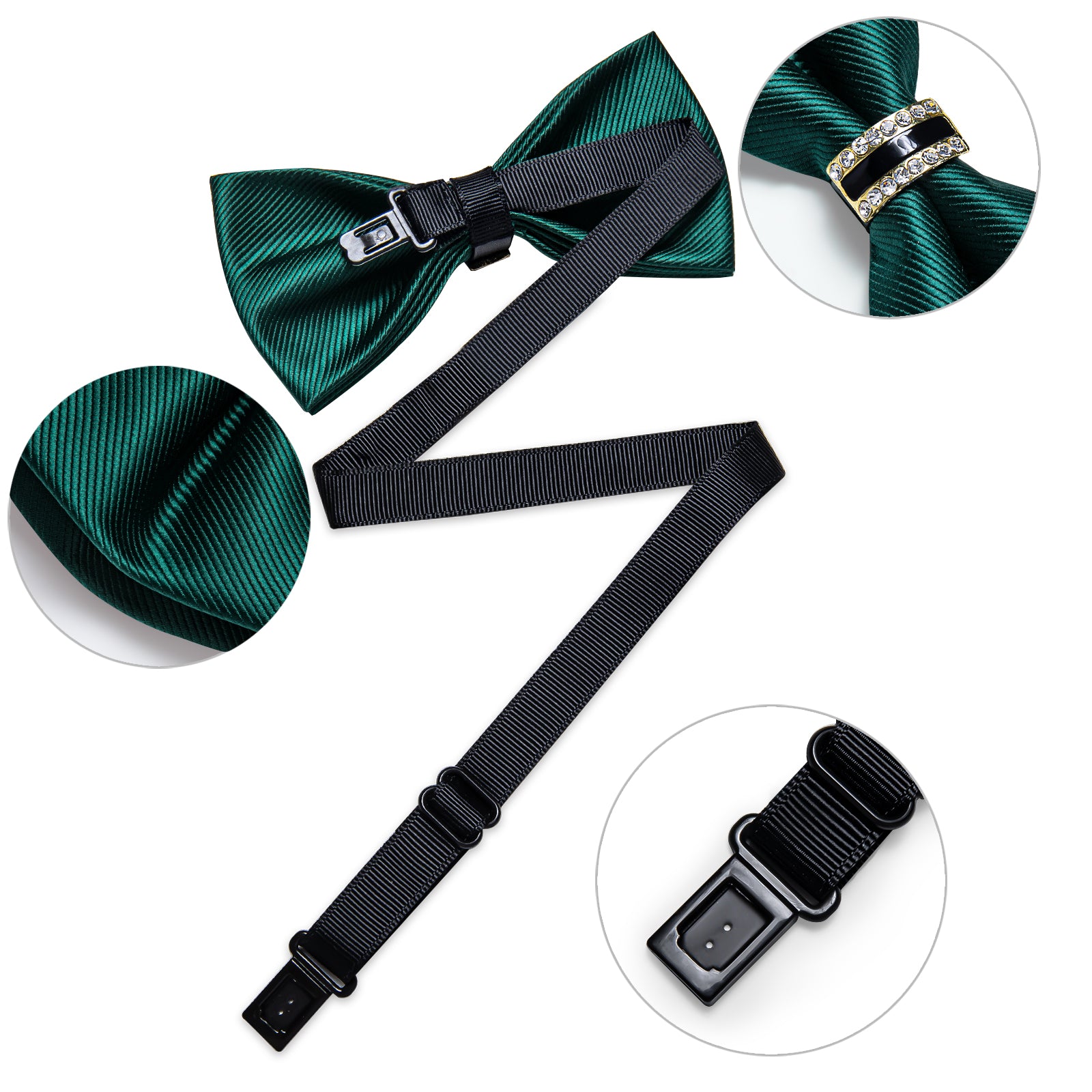 Black Solid Diamond Plastic Ring Men's Pre-Bowtie Pocket Square Cufflinks Set