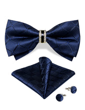 Blue Solid Diamond Plastic Ring Men's Pre-Bowtie Pocket Square Cufflinks Set