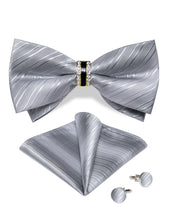 Silver Grey Striped Diamond Plastic Ring Men's Pre-Bowtie Pocket Square Cufflinks Set