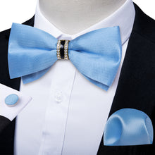 Light Blue Solid Diamond Plastic Ring Men's Pre-Bowtie Pocket Square Cufflinks Set