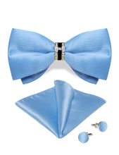 Light Blue Solid Diamond Plastic Ring Men's Pre-Bowtie Pocket Square Cufflinks Set