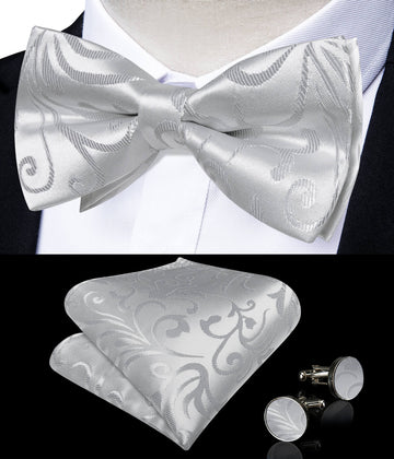 Light Gray Floral Silk Bowtie 
