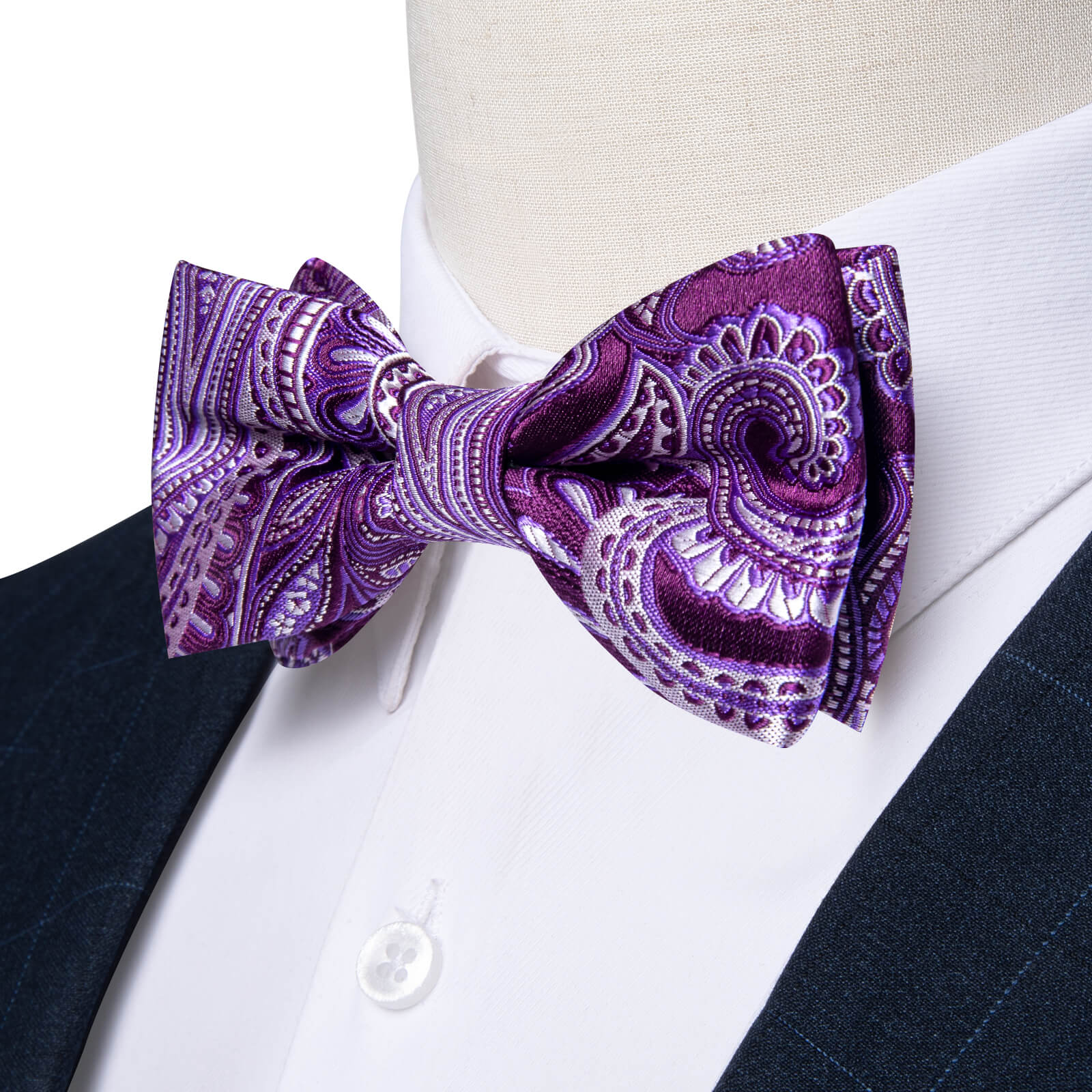 Kids Tie Purple White Paisley Silk Pre-Bow Tie 