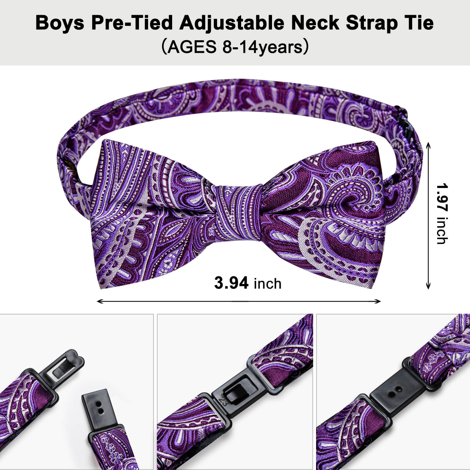 Kids Tie Purple White Paisley Silk Pre-Bow Tie 