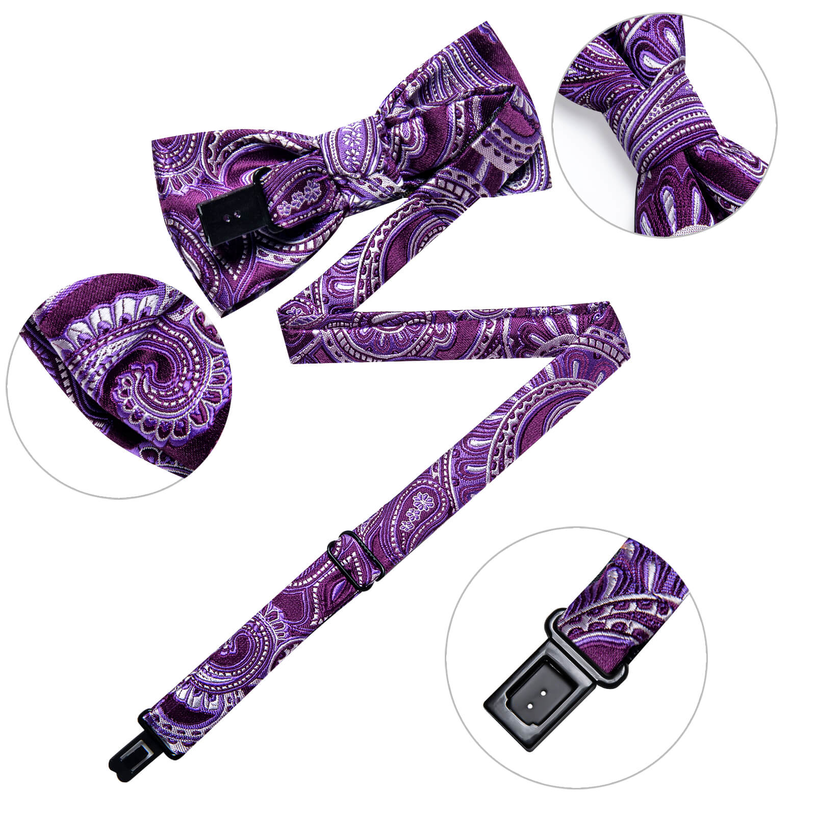 Kids Tie Purple White Paisley Silk Pre-Bow Tie 