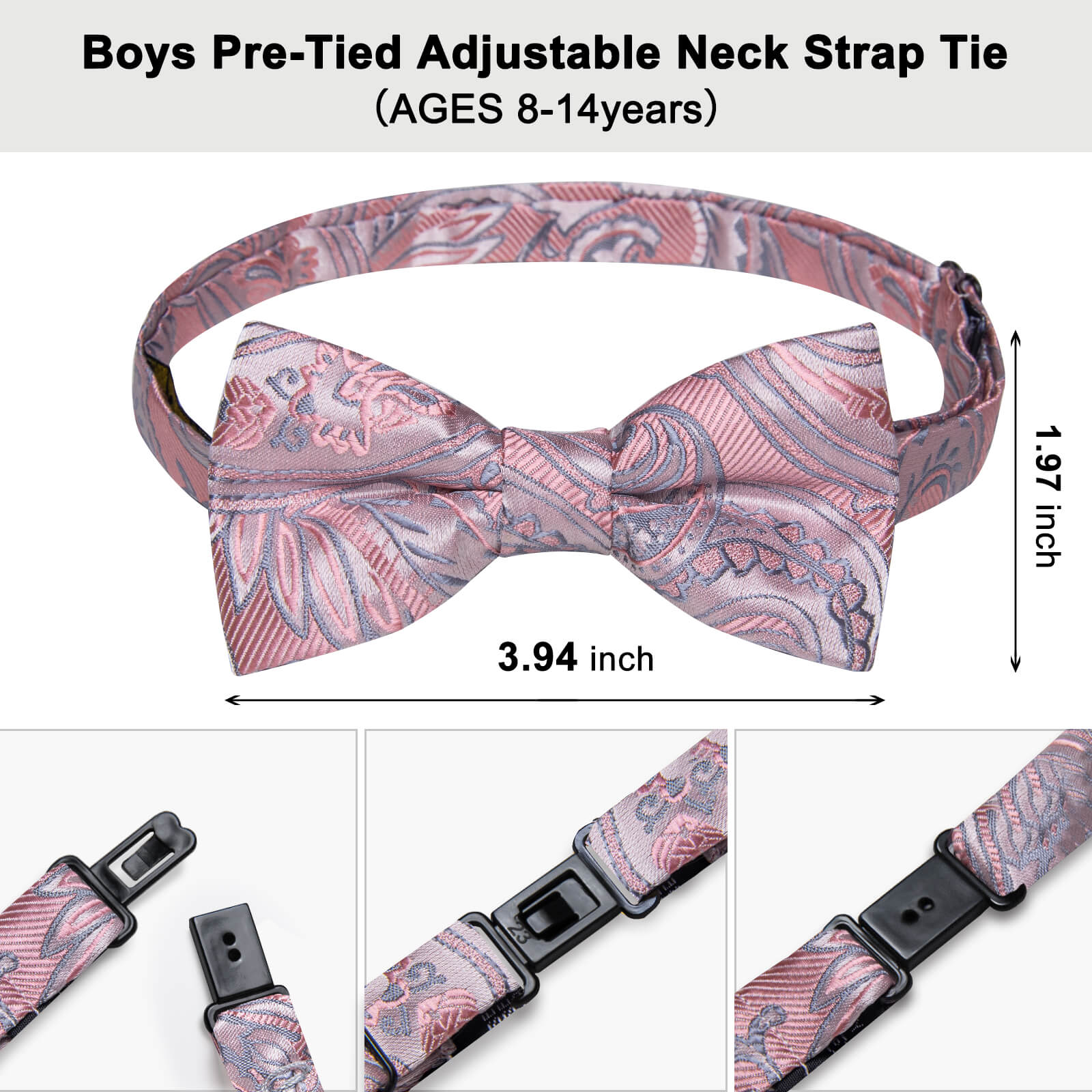 DiBanGu Kids Bowtie Pink Grey Floral Silk Pre-Bow Tie Hanky Set