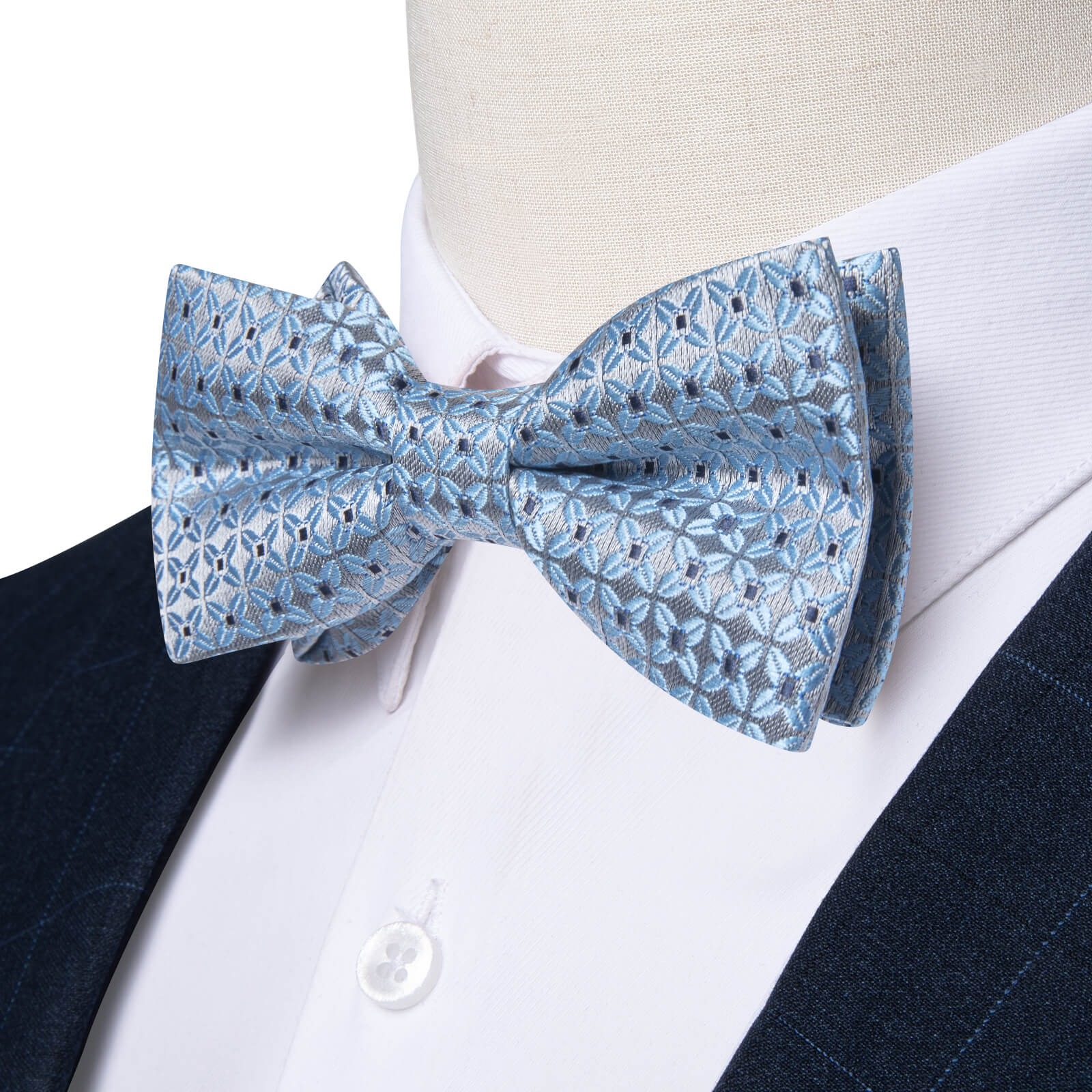 Kids Bowtie Light Blue Woven Floral Silk Pre-Bow Tie 
