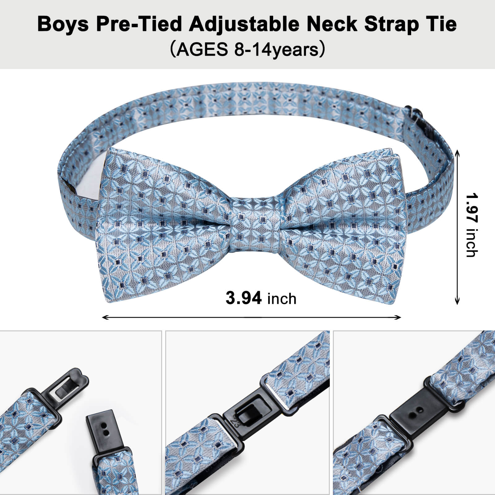 DiBanGu Kids Bowtie Light Blue Woven Floral Silk Pre-Bow Tie Hanky Set