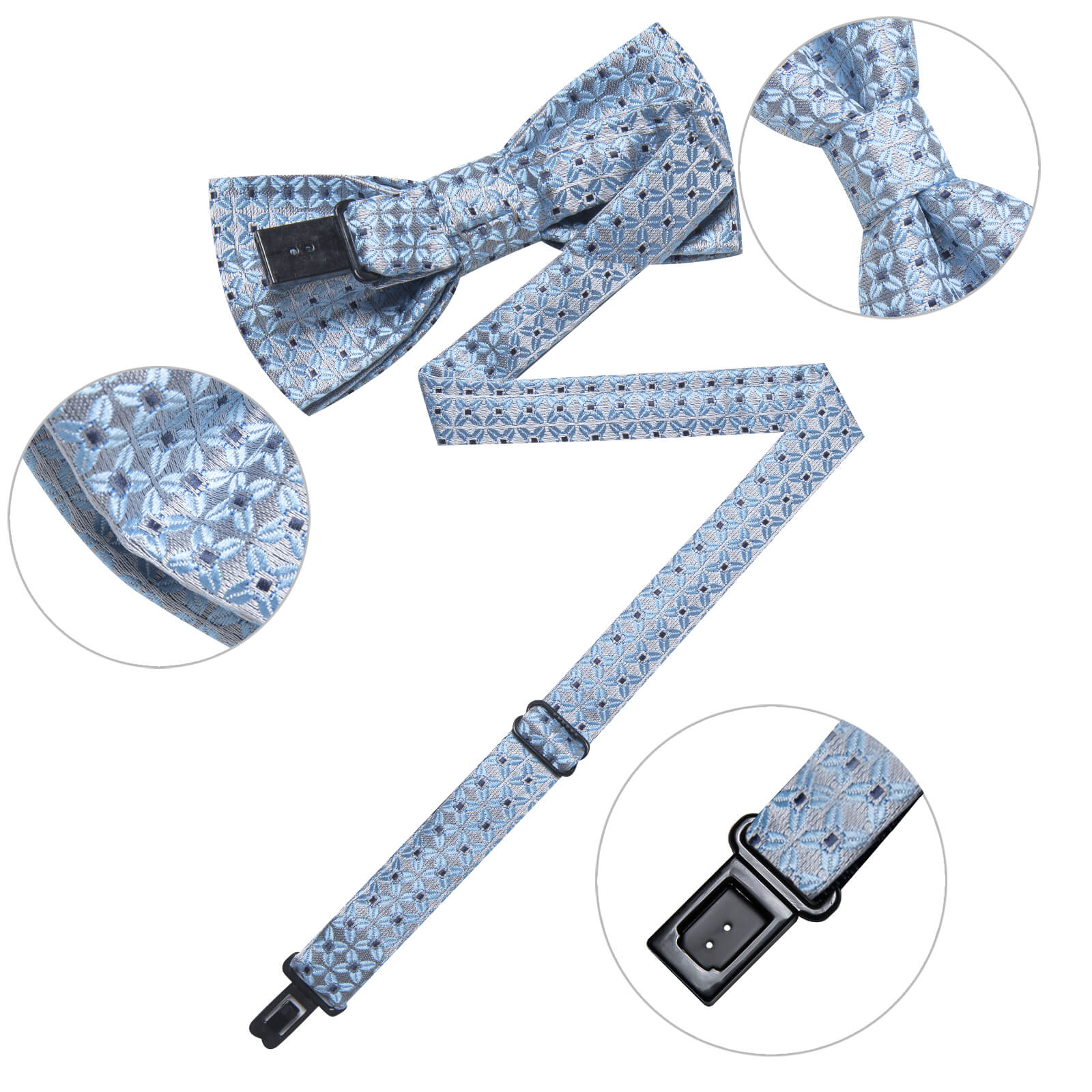 Kids Bowtie Light Blue Woven Floral Silk Pre-Bow Tie 