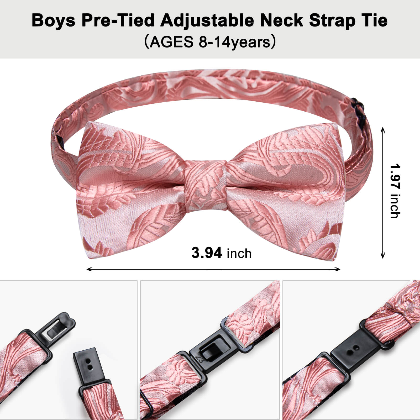 DiBanGu Kids Bowtie Light Pink Paisley Silk Pre-Bow Tie Hanky Set