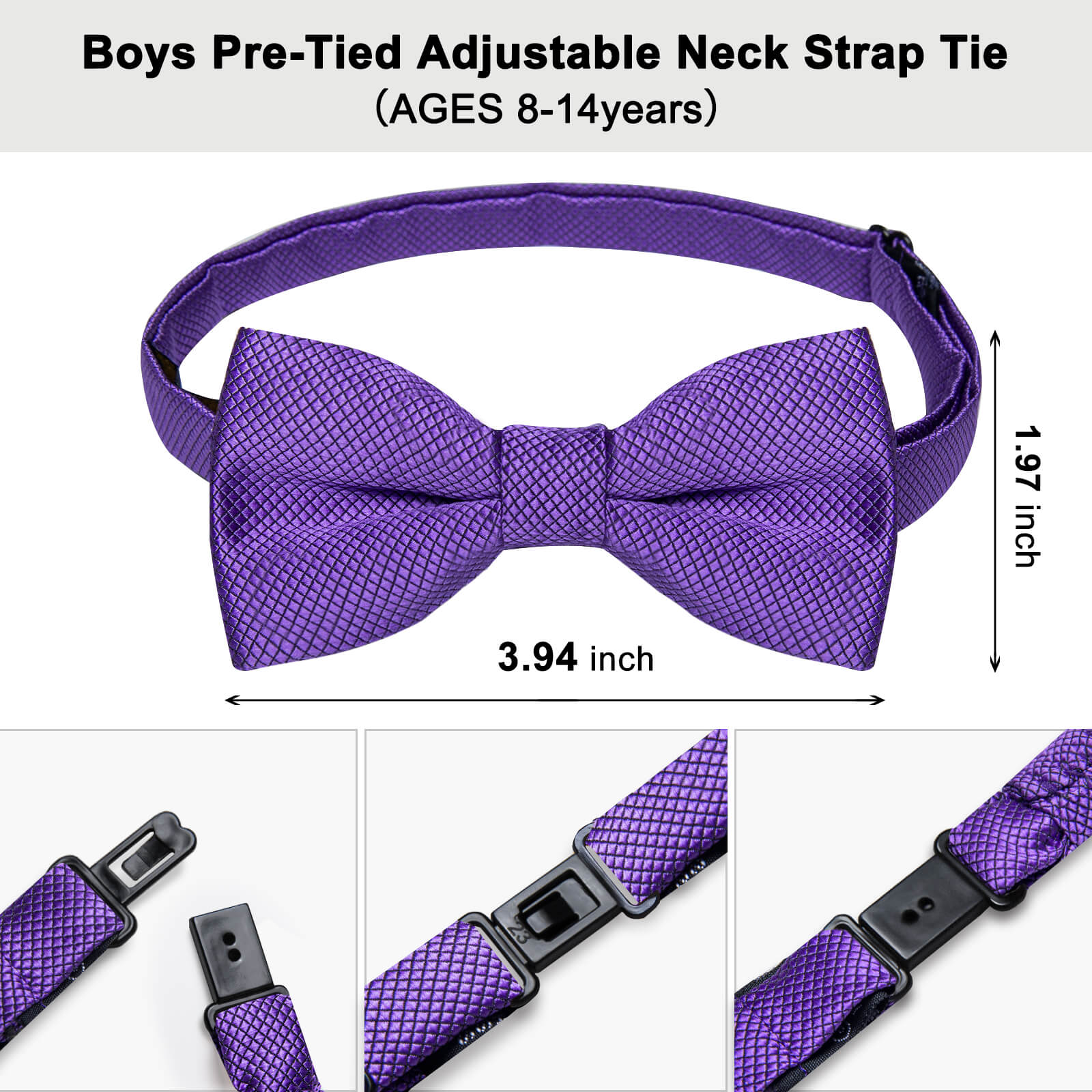 DiBanGu Kids Bow Tie Medium Purple Plaid Silk Pre-Bow Tie Hanky Set