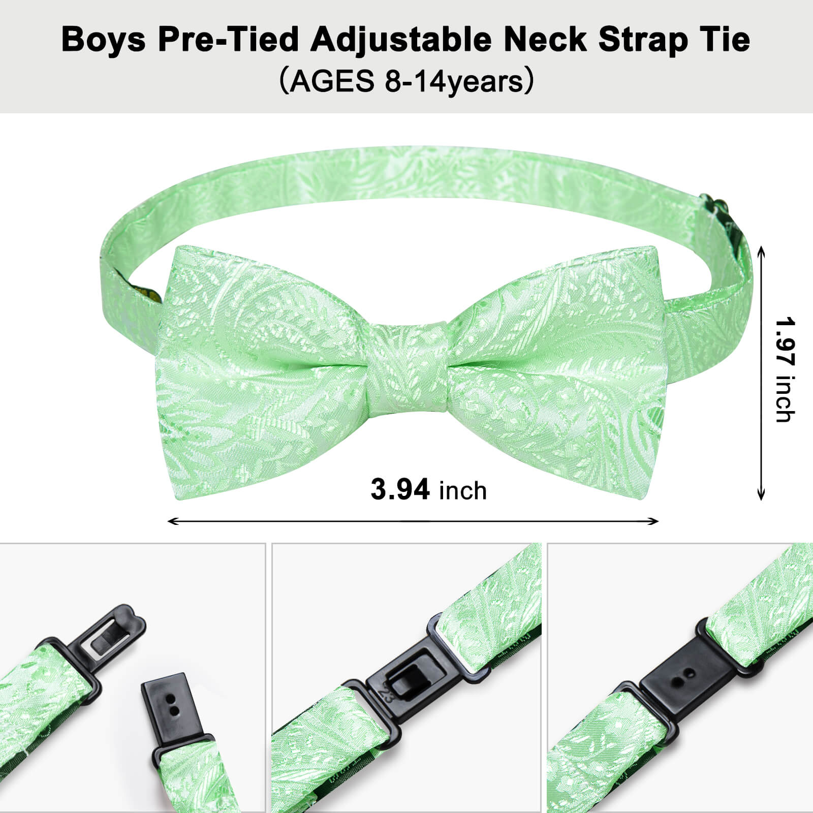 DiBanGu Kids Bow Tie Light Green Floral Silk Pre-Bow Tie Hanky Set