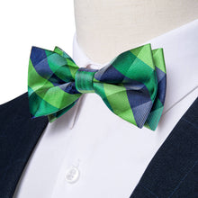  Dark Green Blue Plaid Silk Pre-Bow Tie