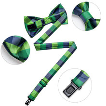  Dark Green Blue Plaid Silk Pre-Bow Tie