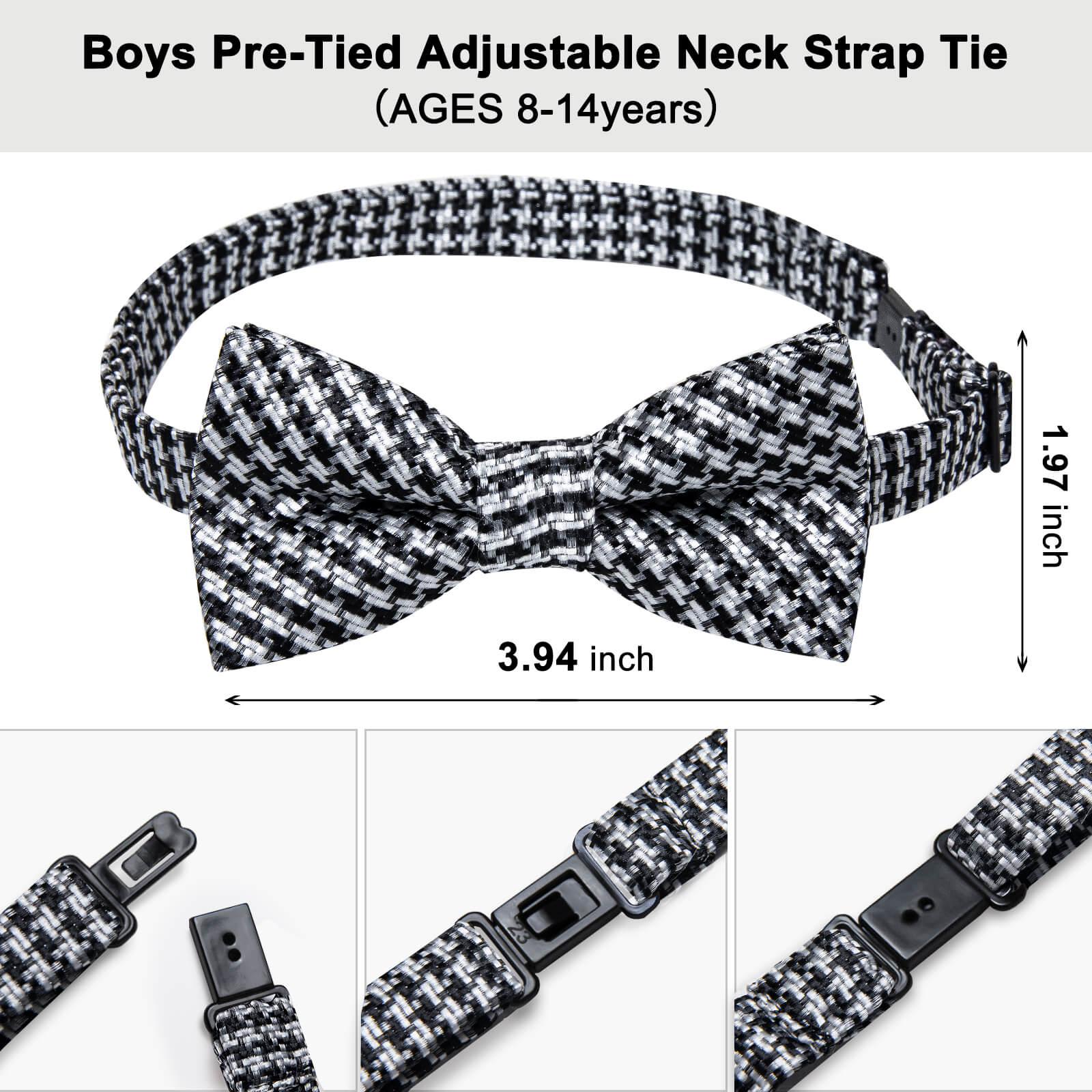  Black White Woven Striped Silk Pre-Bow Tie