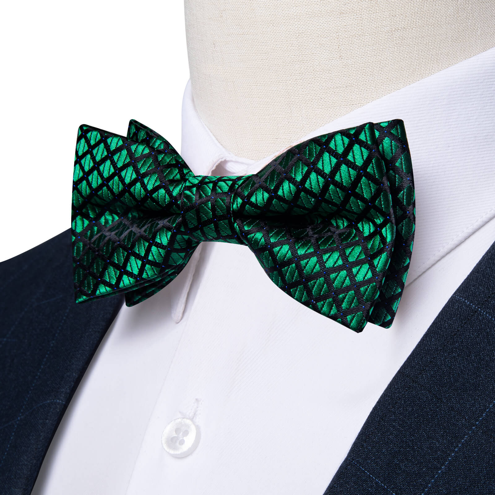 Dark Green Black Plaid Silk Pre-Bow Tie
