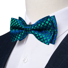 Green Blue Woven Plaid Silk Pre-Bow Tie