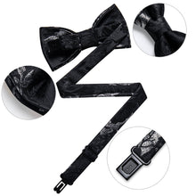 Black Silver Floral Silk Pre-Bow Tie