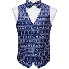 Christmas White Snowflake Elk Tree Blue Jacquard Silk Waistcoat Vest Bowtie Pocket Square Cufflinks Set