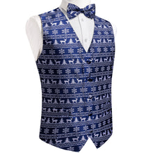 Christmas White Snowflake Elk Tree Blue Jacquard Silk Waistcoat Vest Bowtie Pocket Square Cufflinks Set