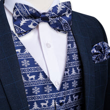 Christmas White Snowflake Elk Tree Blue Jacquard Silk Waistcoat Vest Bowtie Pocket Square Cufflinks Set