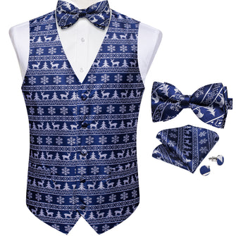 Christmas White Snowflake Elk Tree Blue Jacquard Silk Waistcoat Vest Bowtie Pocket Square Cufflinks Set