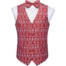 Christmas White Snowflake Elk Tree Red Jacquard Silk Waistcoat Vest Bowtie Pocket Square Cufflinks Set