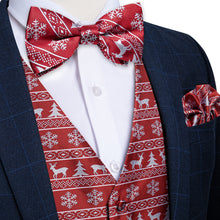 Christmas White Snowflake Elk Tree Red Jacquard Silk Waistcoat Vest Bowtie Pocket Square Cufflinks Set