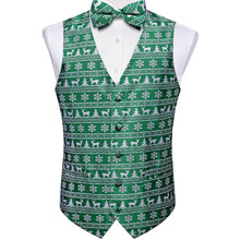 Christmas White Snowflake Elk Tree Green Jacquard Silk Waistcoat Vest Bowtie Pocket Square Cufflinks Set