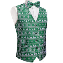 Christmas White Snowflake Elk Tree Green Jacquard Silk Waistcoat Vest Bowtie Pocket Square Cufflinks Set