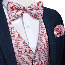 Christmas Red Snowflake Elk Tree Grey Jacquard Silk Waistcoat Vest Bowtie Pocket Square Cufflinks Set