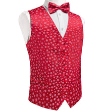 Christmas White Snowflake Red Jacquard Silk Waistcoat Vest Bowtie Pocket Square Cufflinks Set