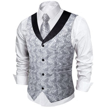 Grey Floral Jacquard V Neck Waistcoat Vest Tie Handkerchief Cufflinks Set