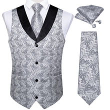 Grey Floral Jacquard V Neck Waistcoat Vest Tie Handkerchief Cufflinks Set
