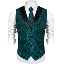 Teal Floral Jacquard V Neck Waistcoat Vest Tie Handkerchief Cufflinks Set