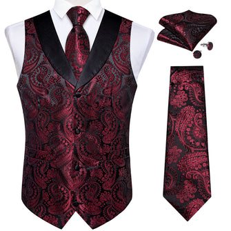 Claret Floral Jacquard V Neck Waistcoat Vest Tie Handkerchief Cufflinks Set