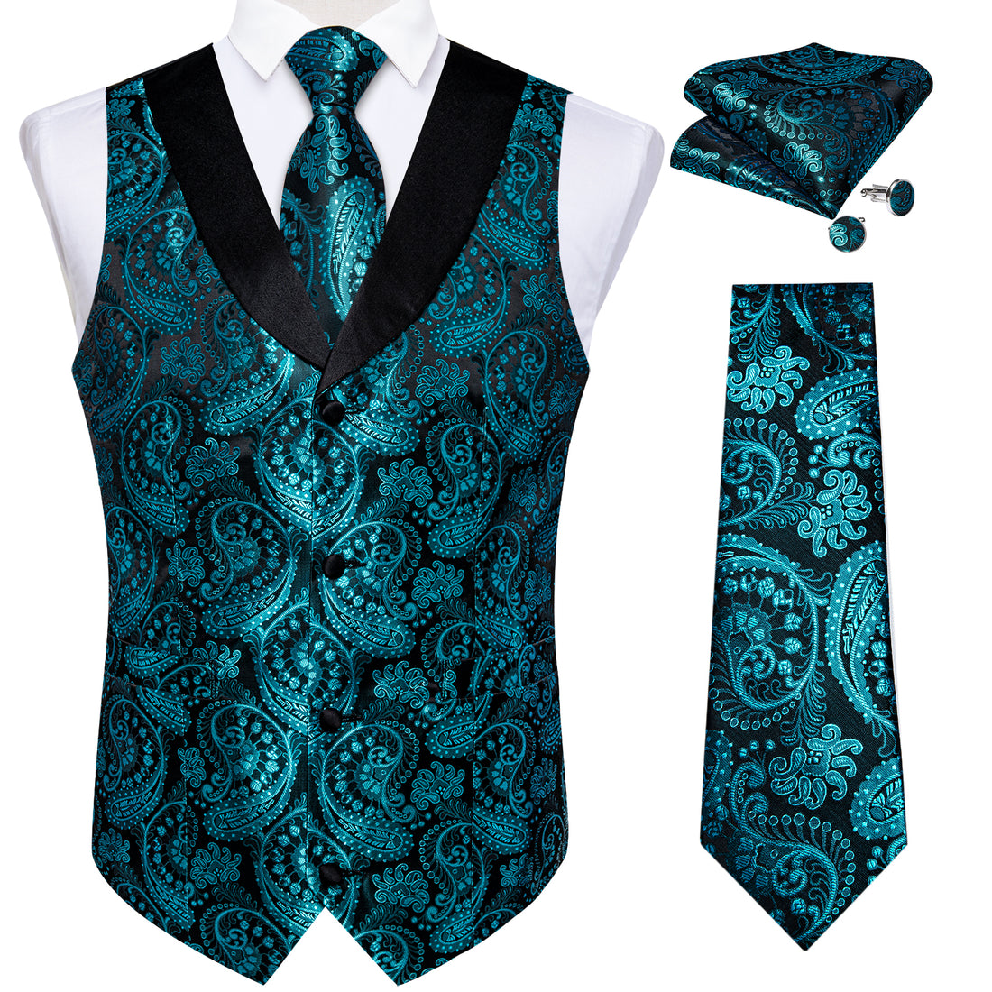 Teal Paisley Jacquard V Neck Waistcoat Vest Tie Handkerchief Cufflinks Set